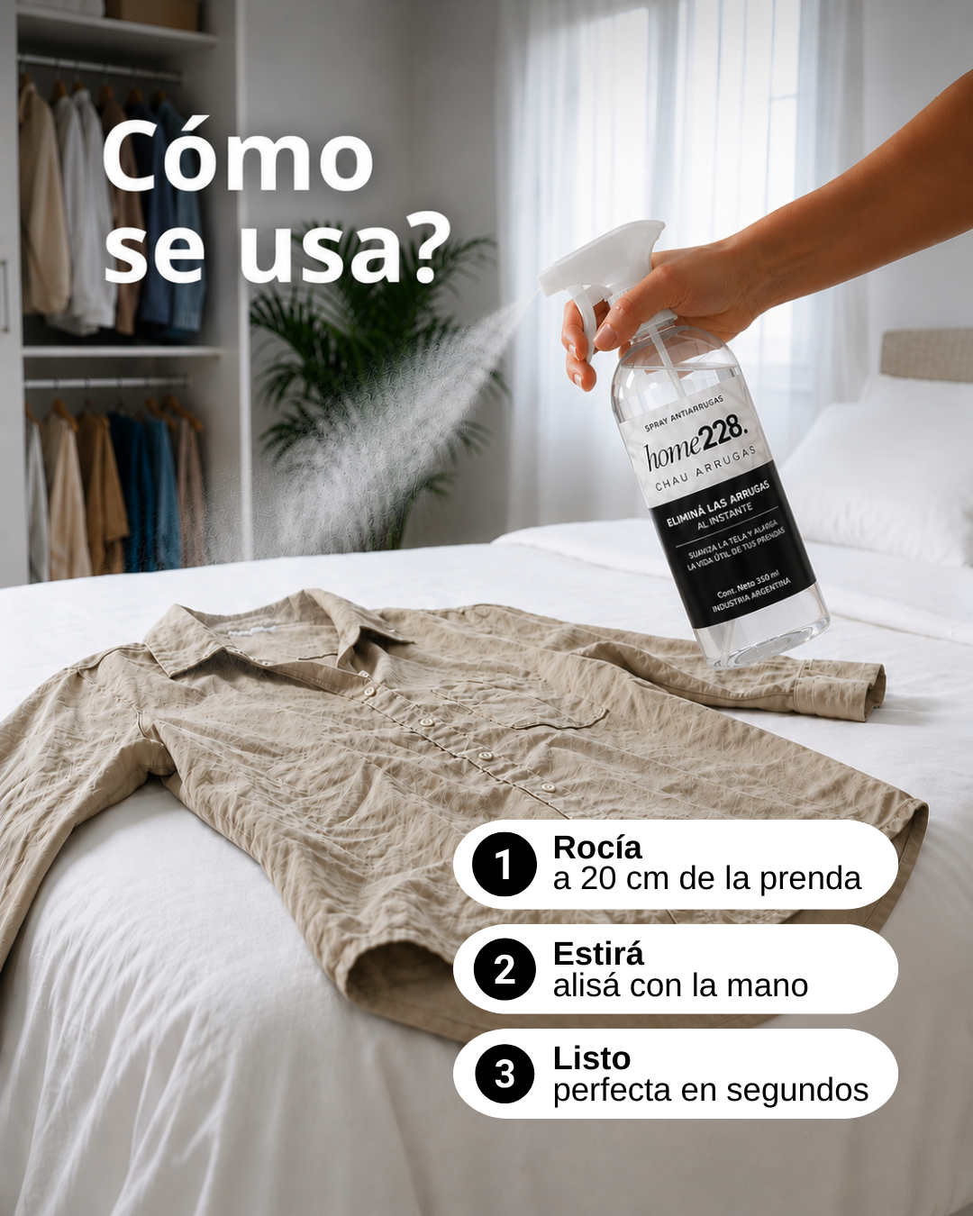 CHAU ARRUGAS — Spray alisador · ropa lisa en segundos.