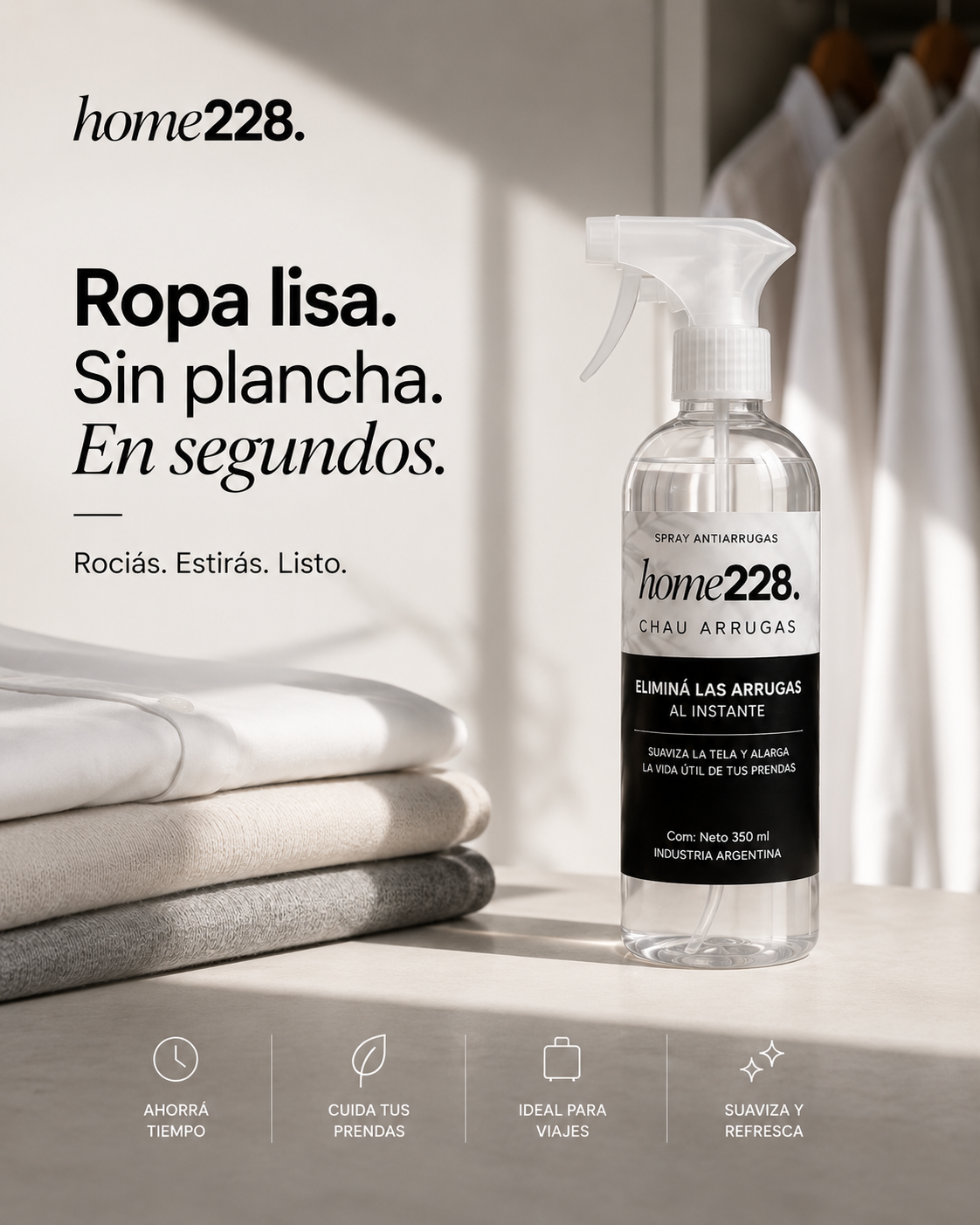 CHAU ARRUGAS — Spray alisador · ropa lisa en segundos.